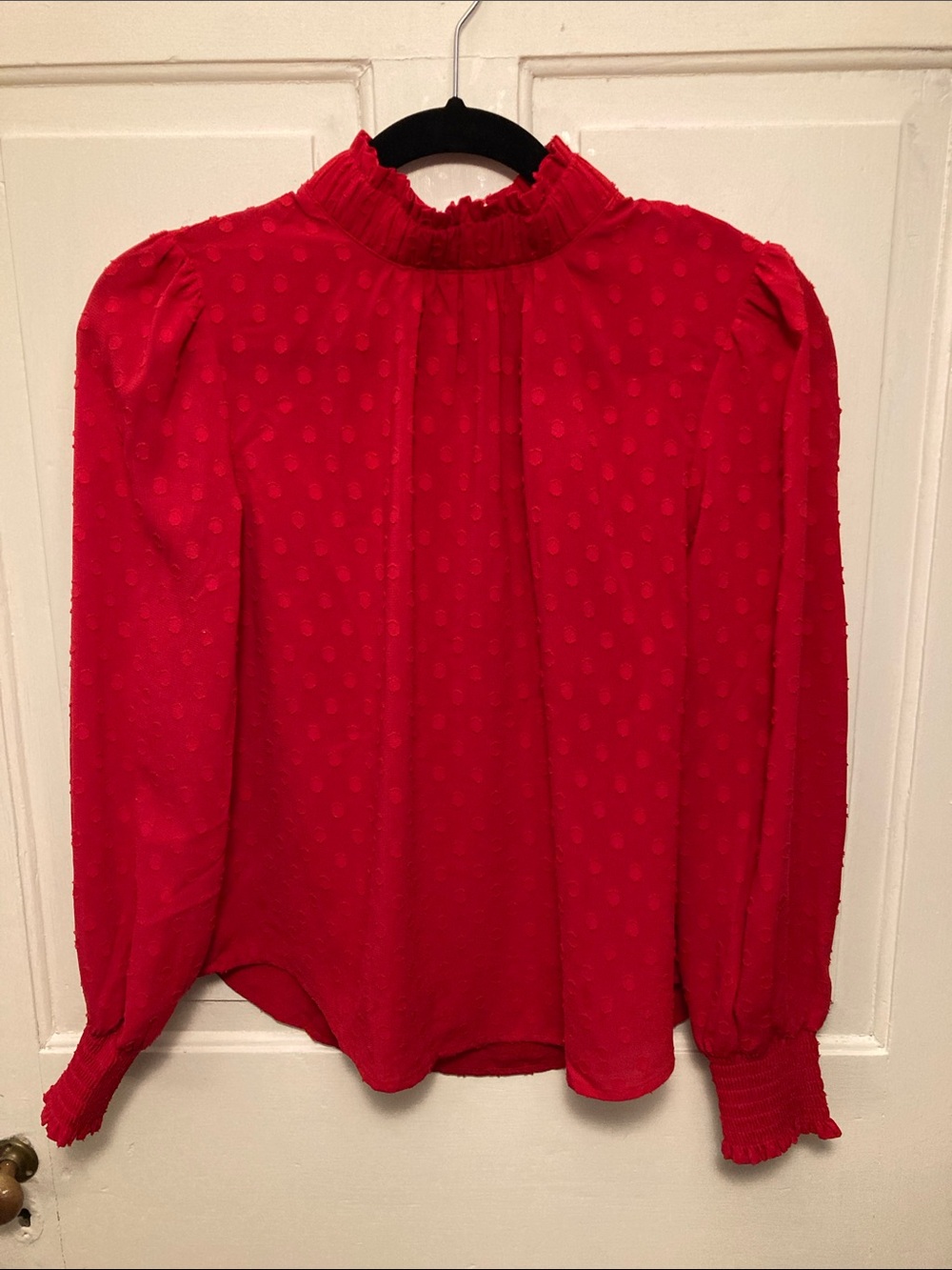LOFT PETITES Red Swiss Dot Ruffle High-Neck long sleeve Blouse, Size XXSP